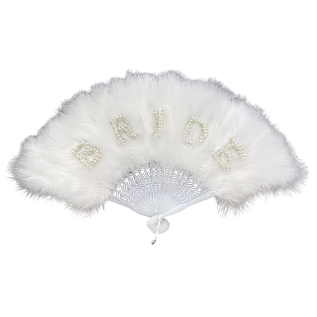 Elegant White Faux Feather Bridal Folding Fan with Pearl Rhinestone "BRIDE" Lettering