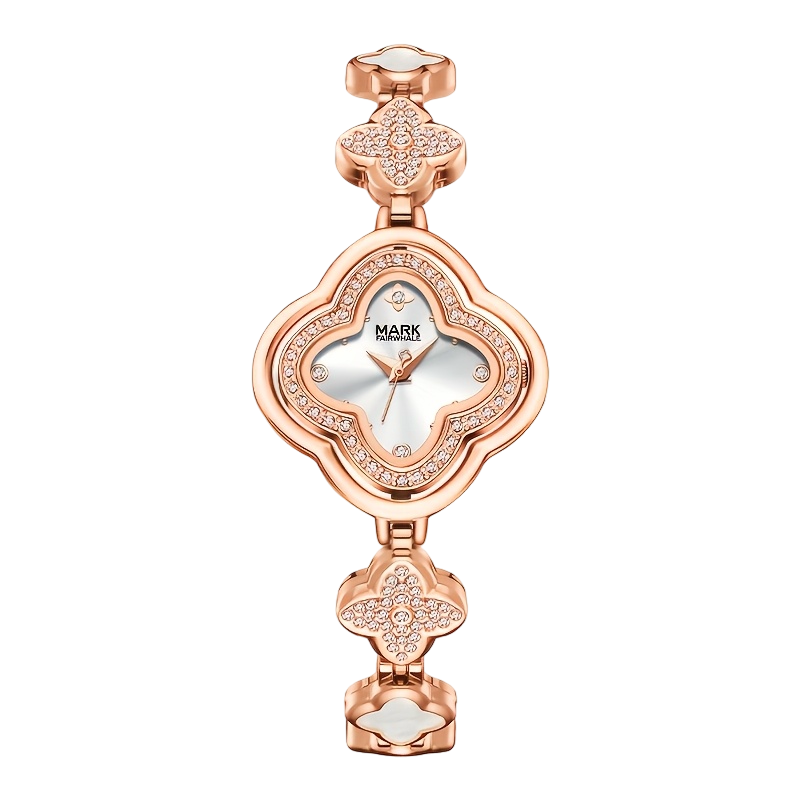 Mark Fairwhale Luxury Four-Leaf Clover Luxury Women's Bracelet Watch – Diamond Bezel Quartz Timepiece