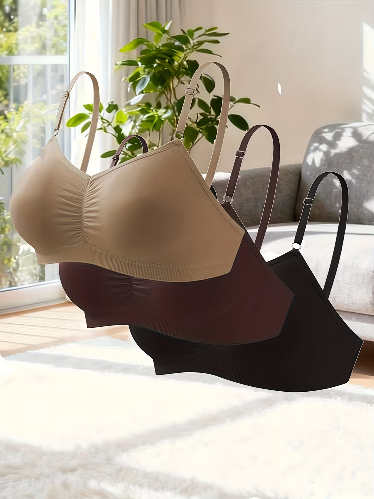 3-Pack Everyday Wireless Contour Bra Set Seamless Ruched Comfort Bralette