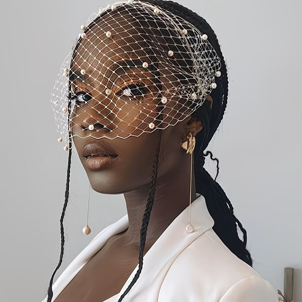 Elegant Pearl Embellished Birdcage Veil Headband - Bridal Fascinator