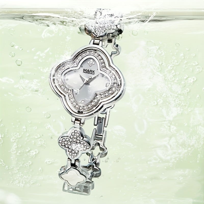 Mark Fairwhale Luxury Four-Leaf Clover Luxury Women's Bracelet Watch – Diamond Bezel Quartz Timepiece