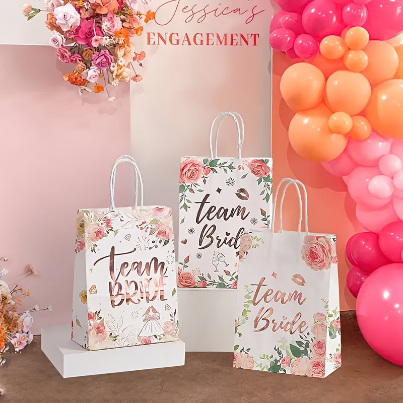 12-Pack Team Bride Hen Party Gift Bags – Elegant Floral Bridal Rose Gold Foil Party Favor Bags