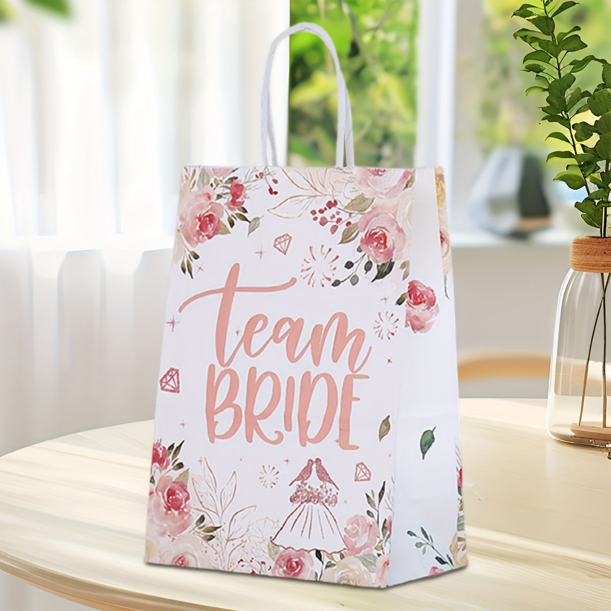 12-Pack Team Bride Hen Party Gift Bags – Elegant Floral Bridal Rose Gold Foil Party Favor Bags