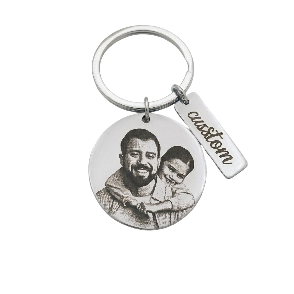 Custom Photo Engraved Stainless Steel Keychain – Personalized Picture & Text Memorial Keepsake Ring for Father's Day, Birthdays, and Anniversaries