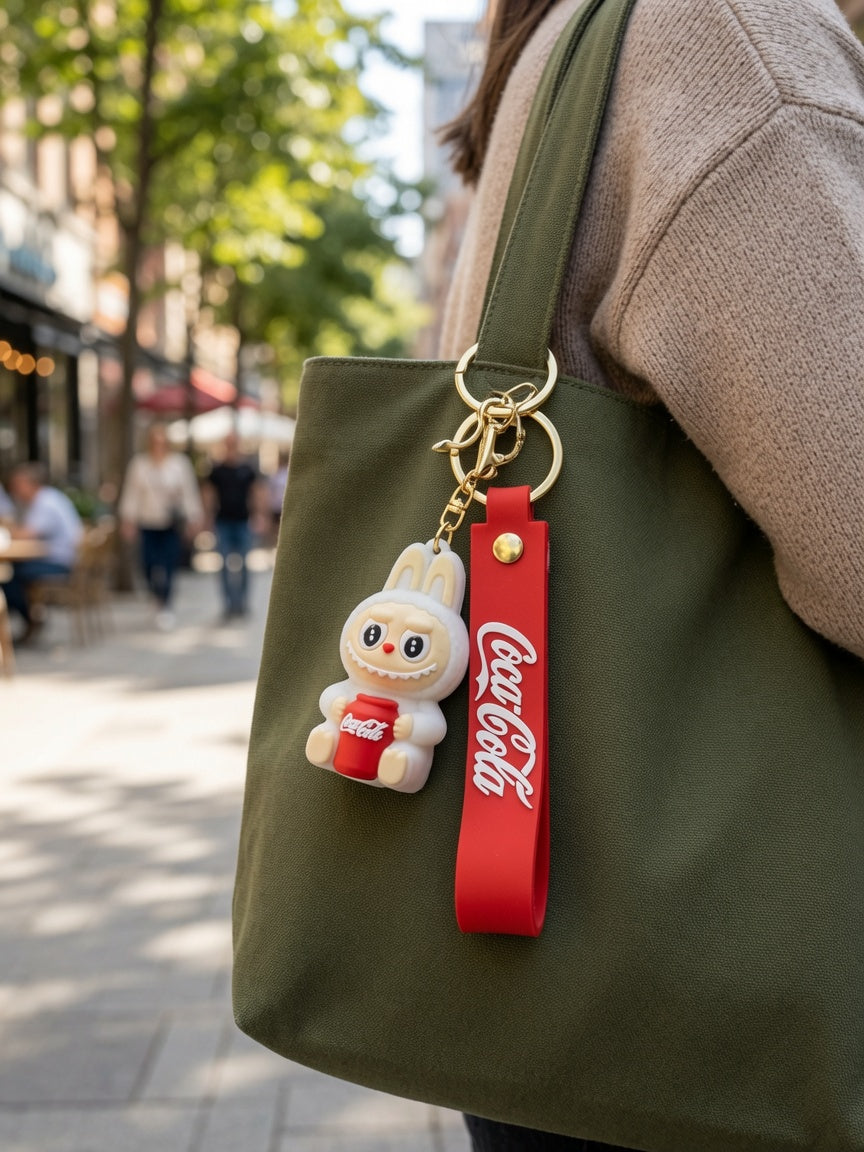 Cute Character Holding Cola Drink Silicone Keychain with Red Wristlet Strap