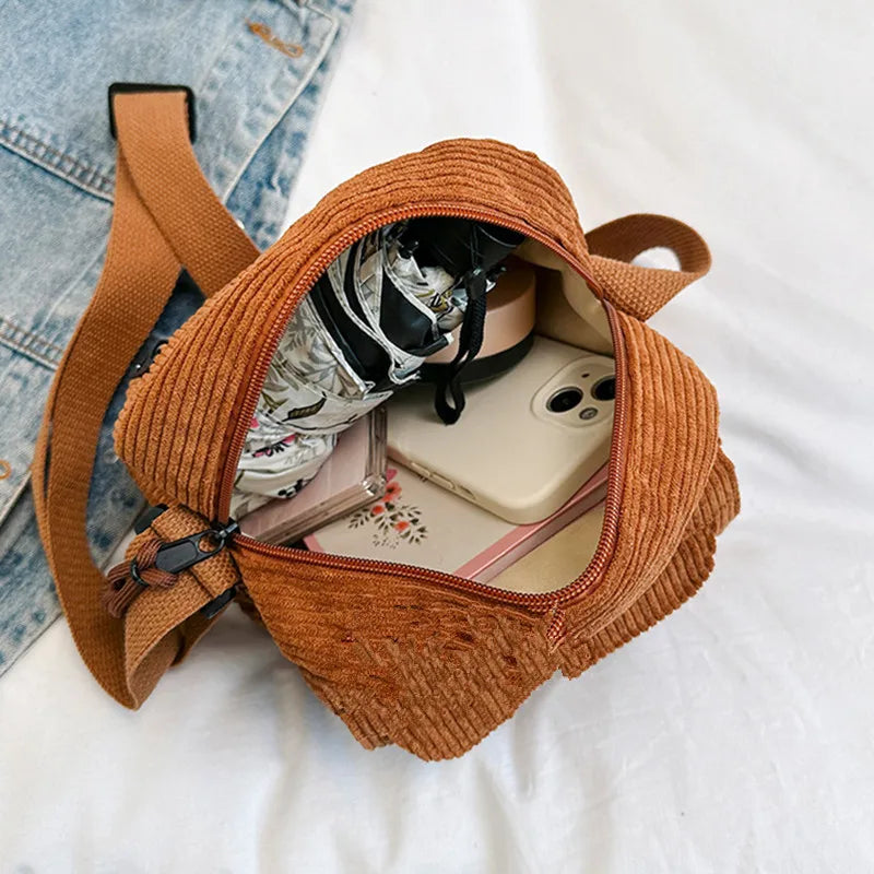 Vintage Corduroy Crossbody Bag Casual Multi-Pocket Shoulder Sling Messenger Bag for Women