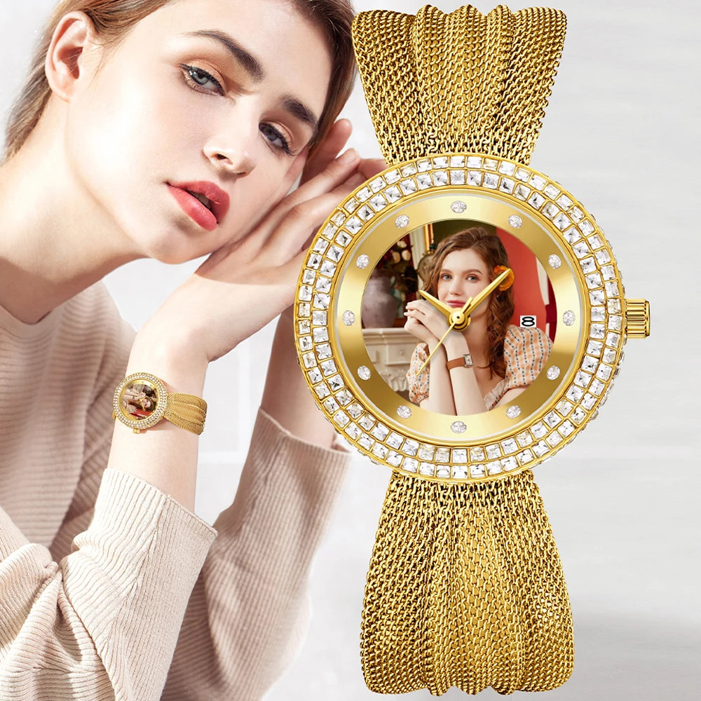 Personalized Diamond-Bezel Mesh Strap Women's Watch – Custom Photo Dial