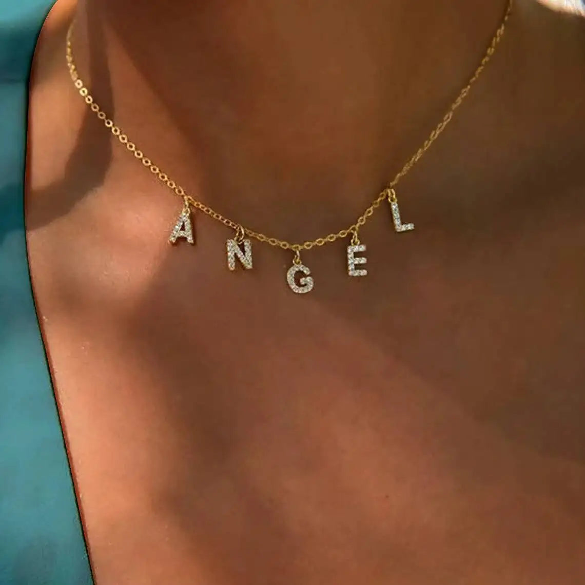 Crystal Initial Dangle Necklace – Personalized Rhinestone Alphabet Charm Choker