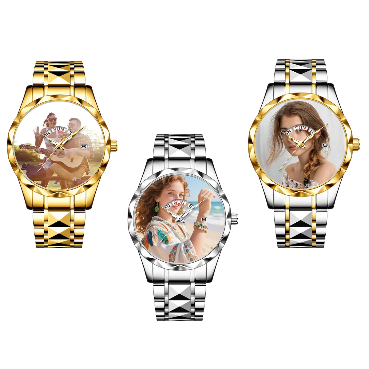 Luxury Two-Tone Stainless Steel Women's Quartz Watch – Custom Photo Dial with Day/Date Display