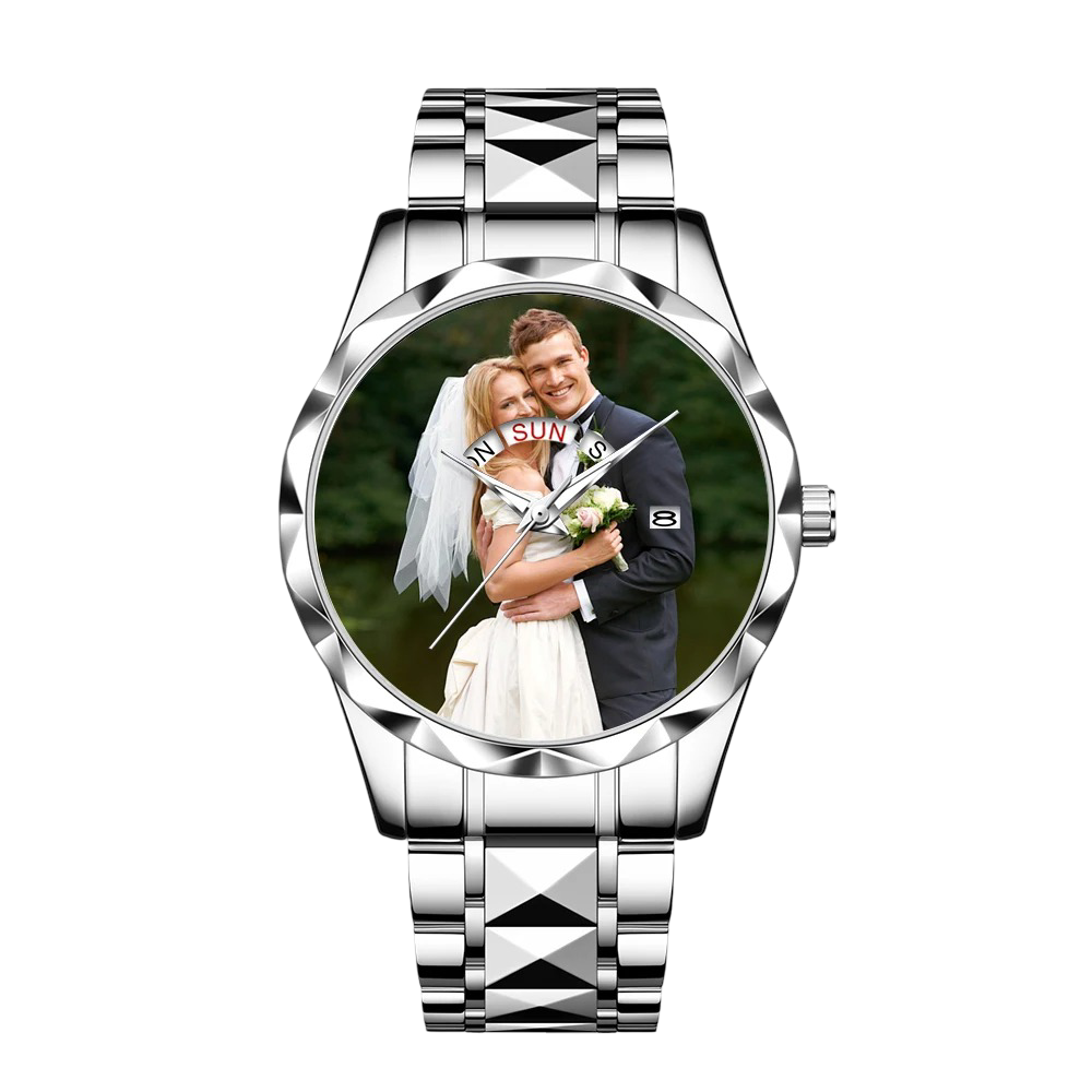 Customized Personalized Photo Calendar Watch for Men – Luxury Waterproof Stainless Steel Quartz Wristwatch with Day-Date Display