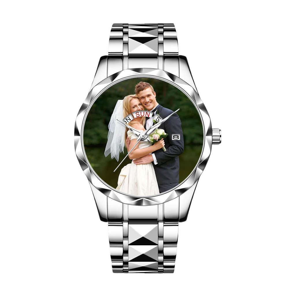 Customized Personalized Photo Calendar Watch for Men – Luxury Waterproof Stainless Steel Quartz Wristwatch with Day-Date Display
