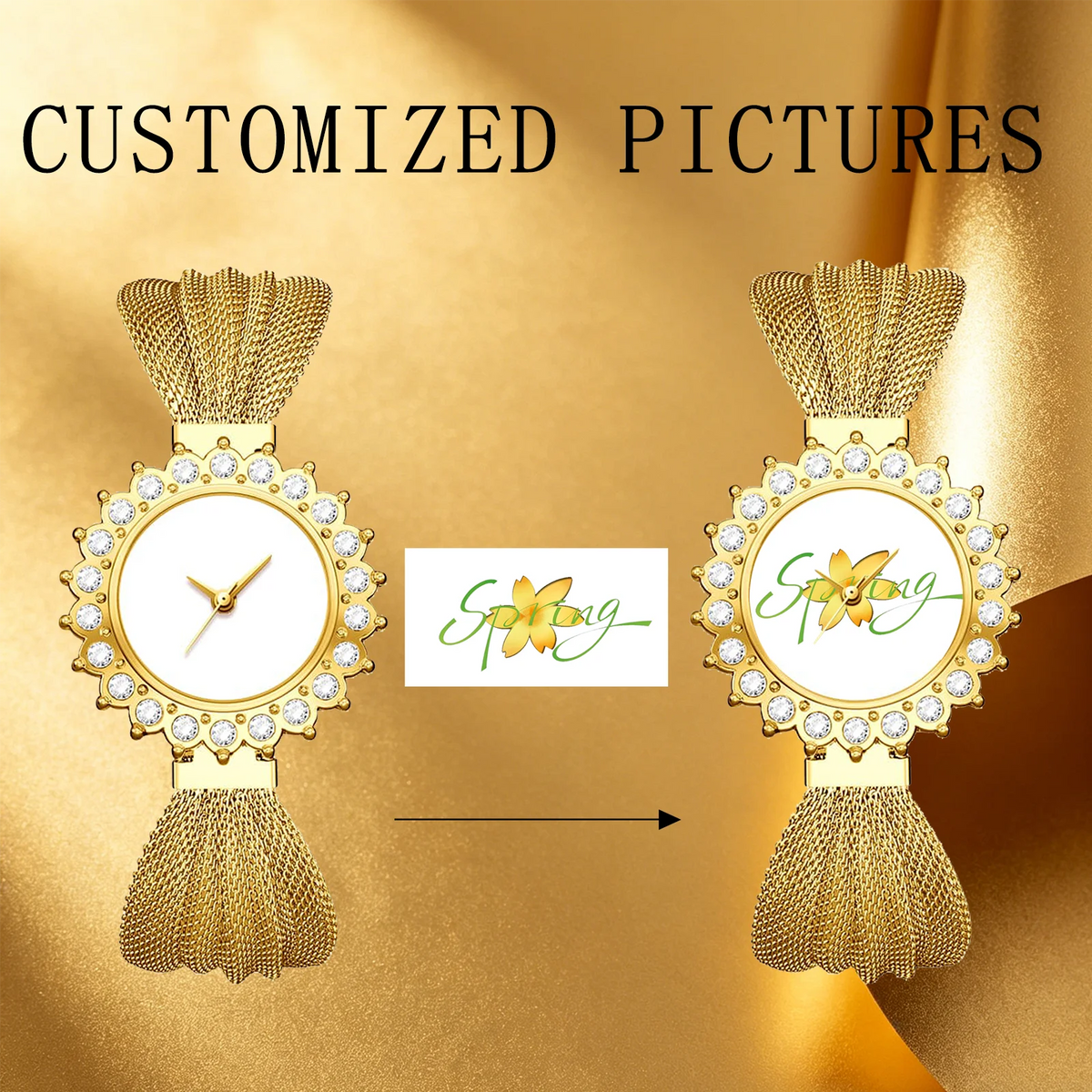 Personalized Photo Gold Women's Watch | Custom Picture Dial with Crystal Bezel & Mesh Band