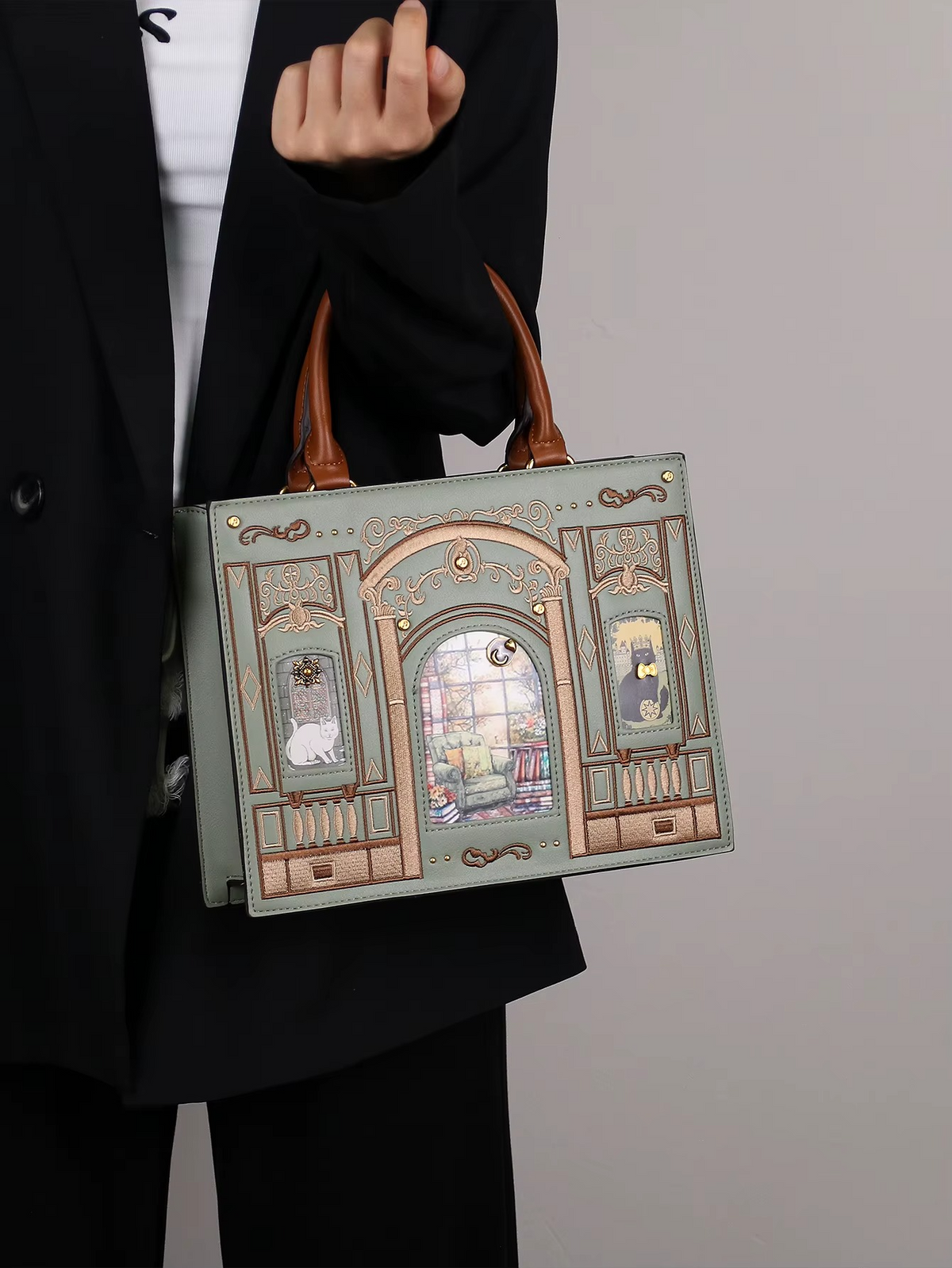 Vintage Baroque Library Top-Handle Satchel – Elegant Embossed Literary Cat Handbag
