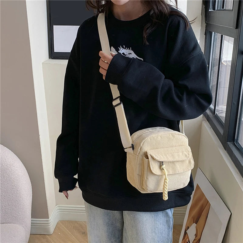 Vintage Corduroy Crossbody Bag Casual Multi-Pocket Shoulder Sling Messenger Bag for Women