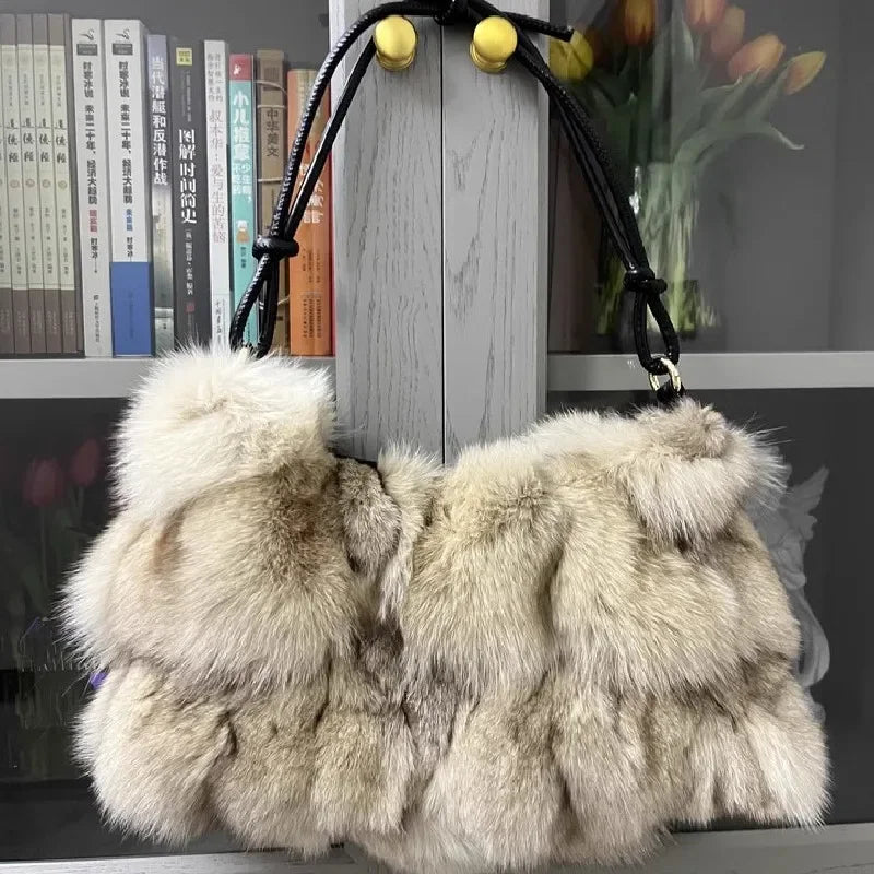 Luxury Faux Fur Color-Block Shoulder Bag – Plush Underarm Handbag with Sleek Leather Strap