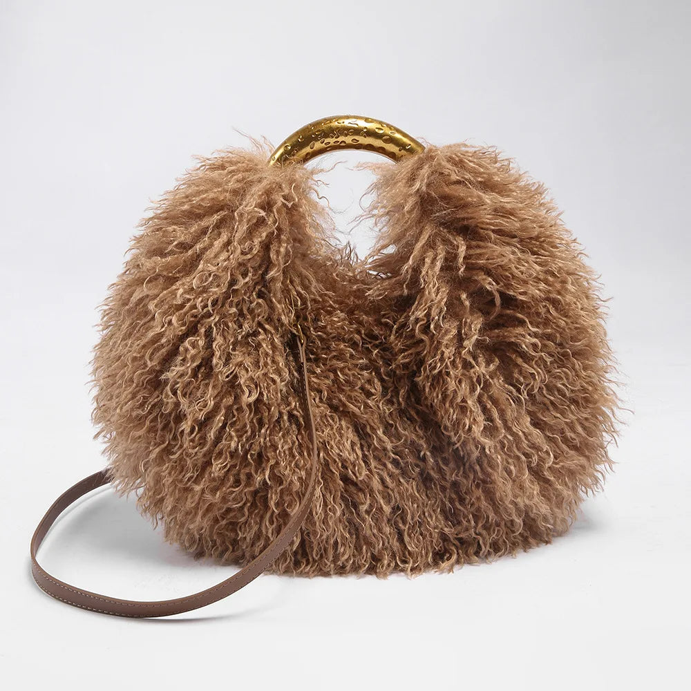 Luxury Faux Shearling Fluffy Cloud Handbag – Chic Curly Plush Crossbody Bag with Hammered Gold Top Handle