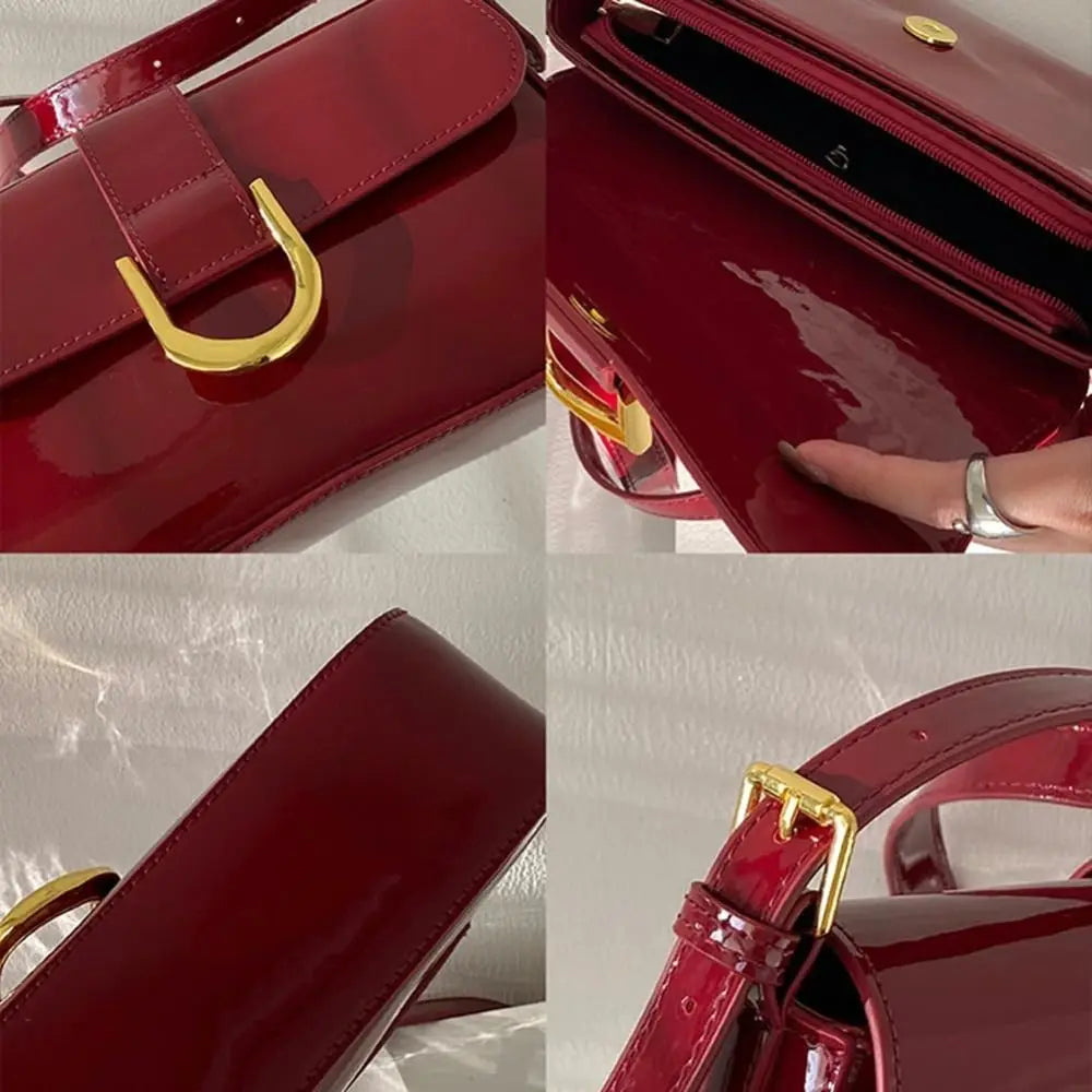 Elegant Wine Red Patent Leather Shoulder Bag – Vintage Glossy Baguette Handbag with Gold Hardware