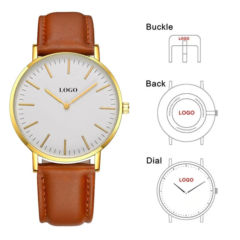 Personalized Photo Men's Quartz Watch – Custom Genuine Leather Strap Wristwatch with Gold Bezel