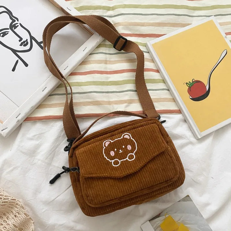 Vintage Corduroy Crossbody Bag Casual Multi-Pocket Shoulder Sling Messenger Bag for Women