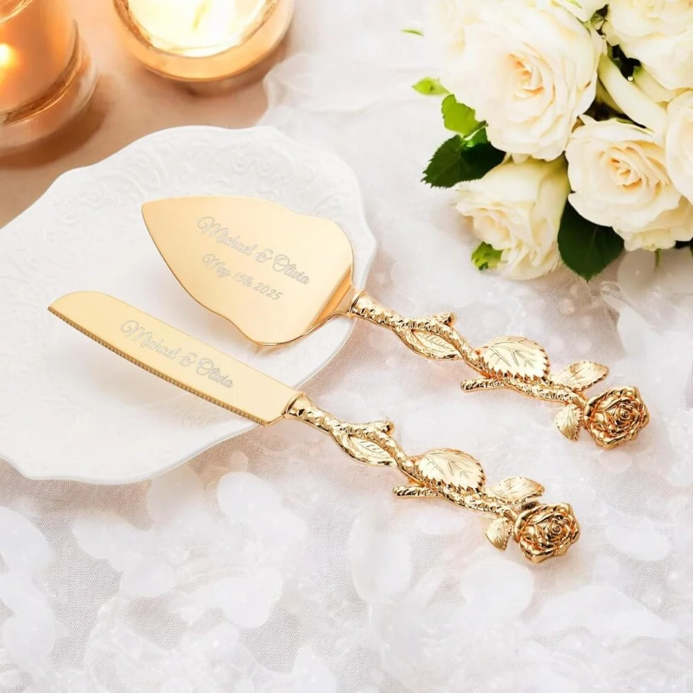 2-Piece Set Elegant Gold Rose Wedding Cake Knife and Server Set
