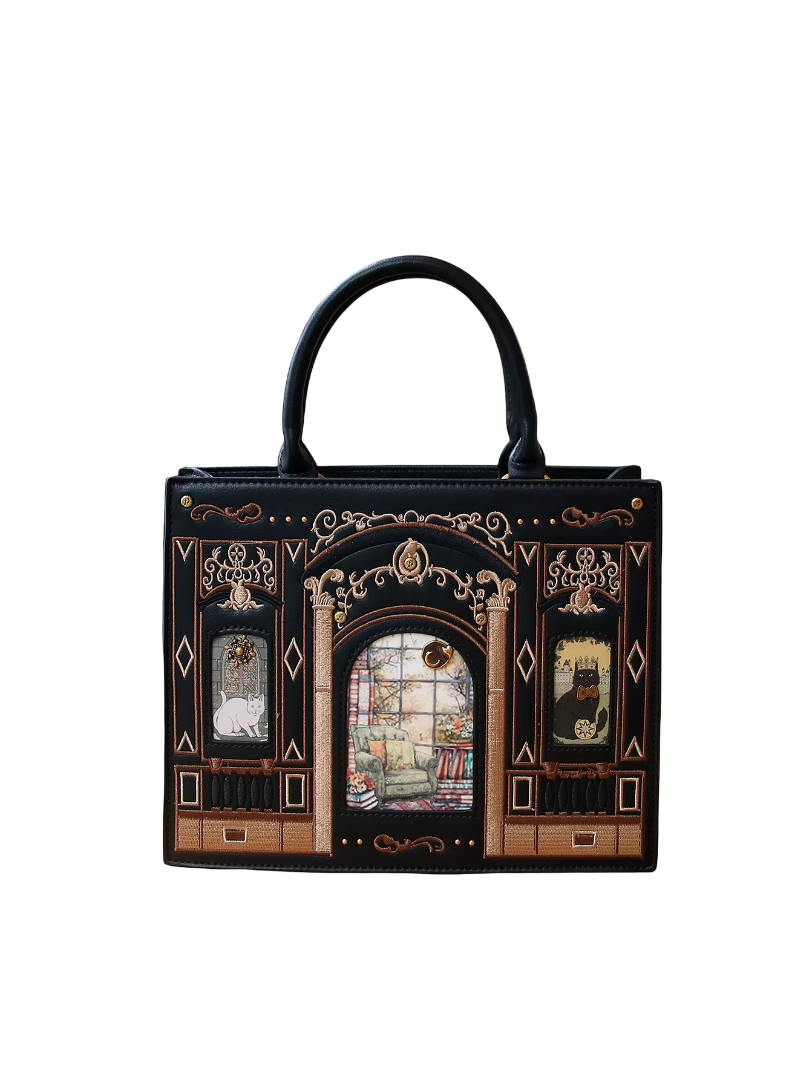 Vintage Baroque Library Top-Handle Satchel – Elegant Embossed Literary Cat Handbag