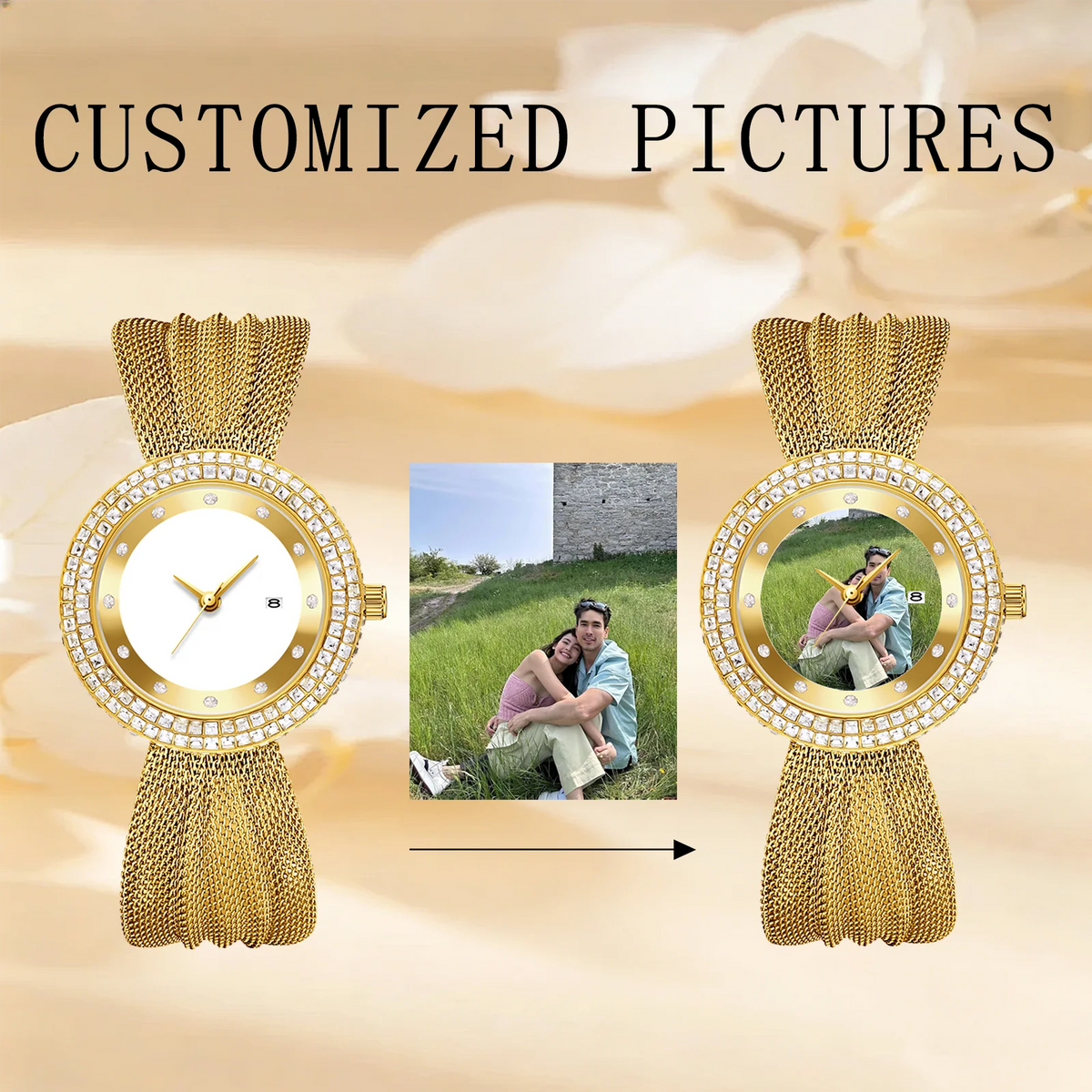 Personalized Diamond-Bezel Mesh Strap Women's Watch – Custom Photo Dial