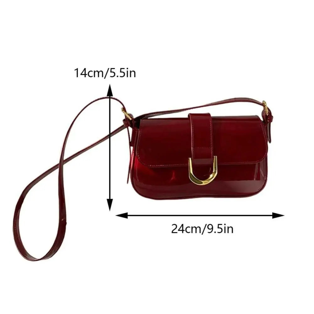 Elegant Wine Red Patent Leather Shoulder Bag – Vintage Glossy Baguette Handbag with Gold Hardware