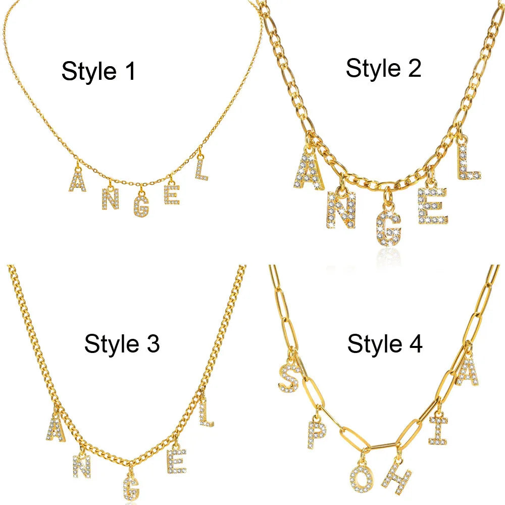 Crystal Initial Dangle Necklace – Personalized Rhinestone Alphabet Charm Choker