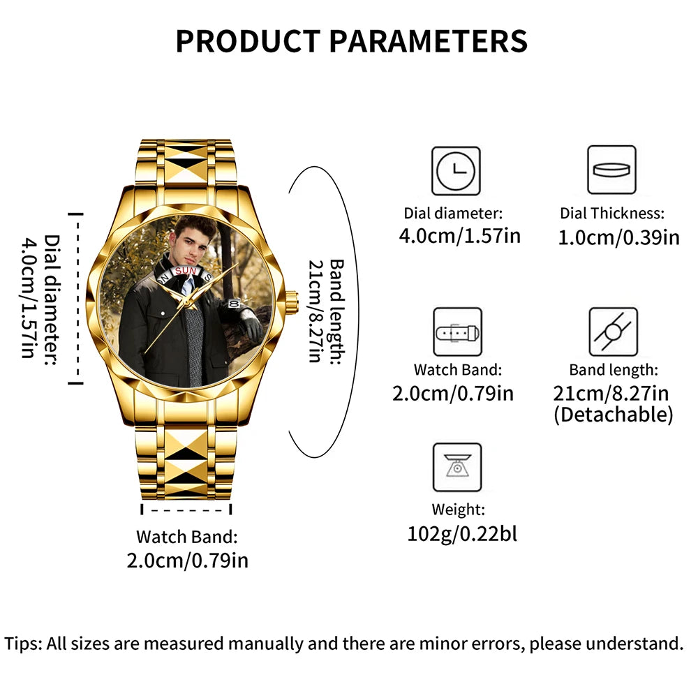 Customized Personalized Photo Calendar Watch for Men – Luxury Waterproof Stainless Steel Quartz Wristwatch with Day-Date Display