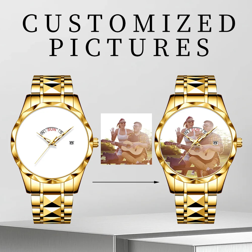 Luxury Two-Tone Stainless Steel Women's Quartz Watch – Custom Photo Dial with Day/Date Display