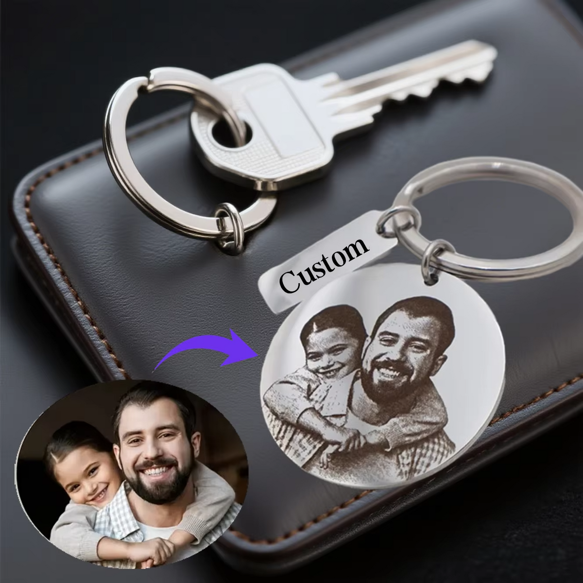 Custom Photo Engraved Stainless Steel Keychain – Personalized Picture & Text Memorial Keepsake Ring for Father's Day, Birthdays, and Anniversaries