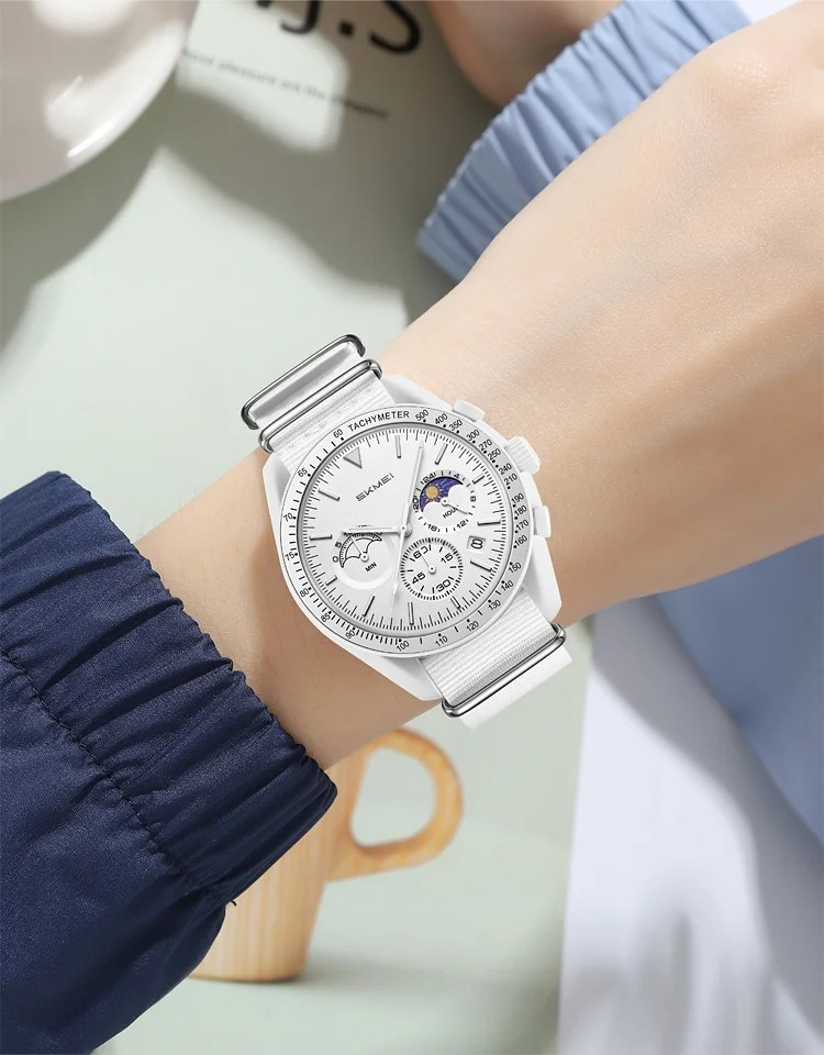 SKMEI Women's Sports Chronograph Watch with Pink NATO Nylon Strap & Moon Phase Dial
