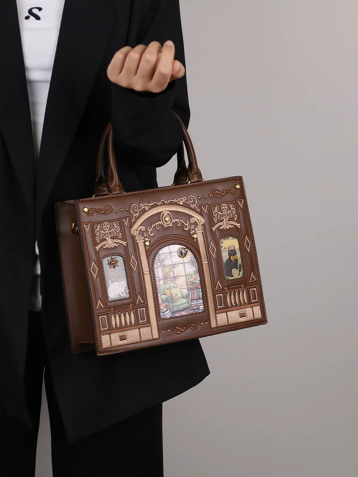 Vintage Baroque Library Top-Handle Satchel – Elegant Embossed Literary Cat Handbag