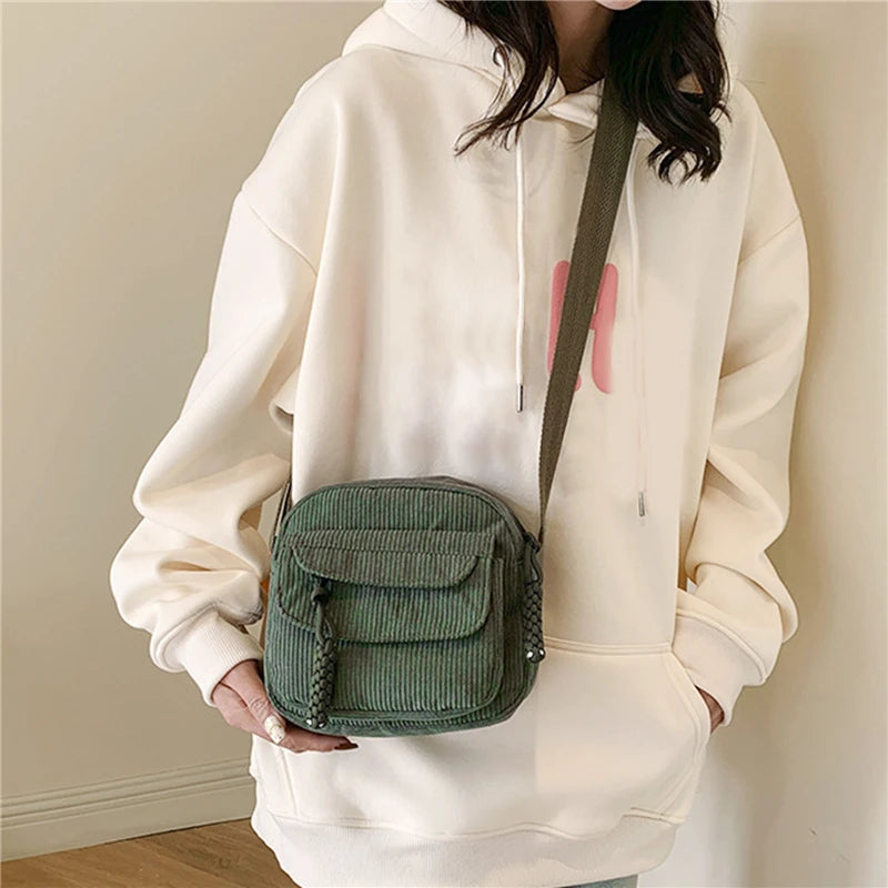 Vintage Corduroy Crossbody Bag Casual Multi-Pocket Shoulder Sling Messenger Bag for Women