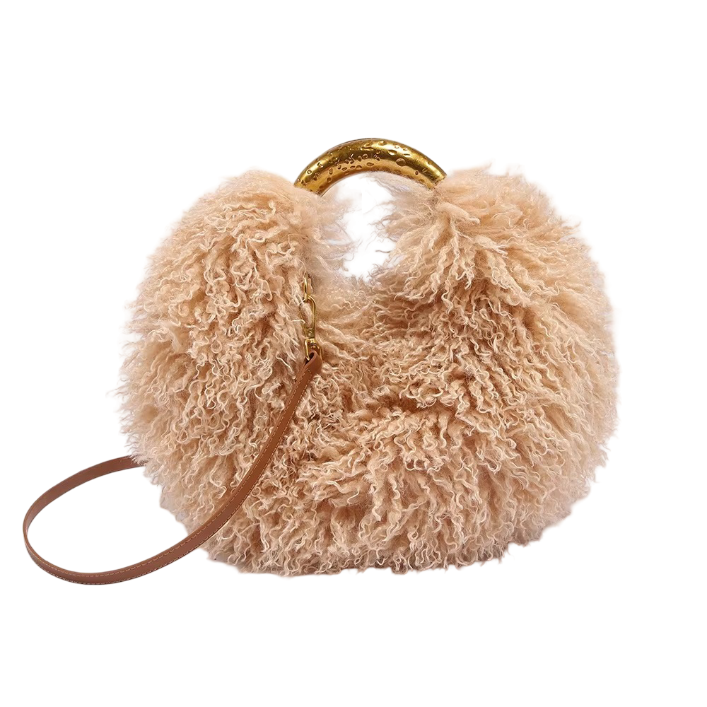 Luxury Faux Shearling Fluffy Cloud Handbag – Chic Curly Plush Crossbody Bag with Hammered Gold Top Handle