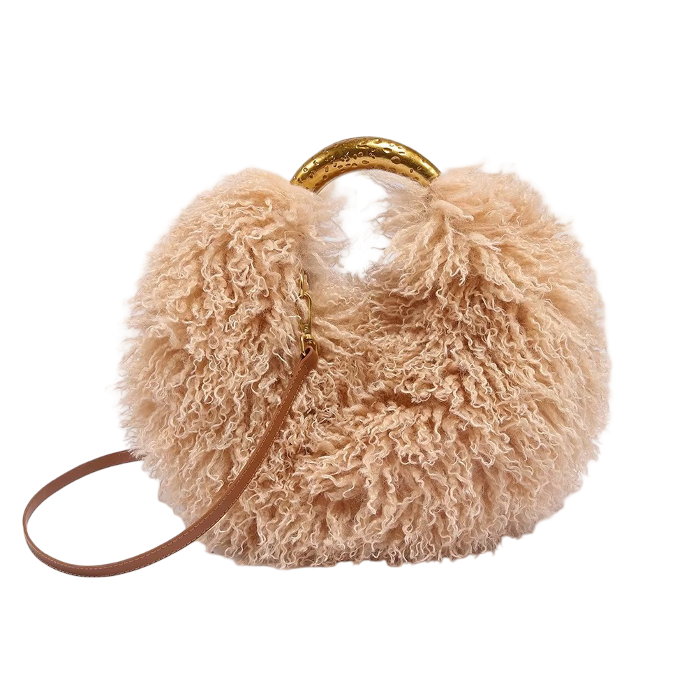 Luxury Faux Shearling Fluffy Cloud Handbag – Chic Curly Plush Crossbody Bag with Hammered Gold Top Handle