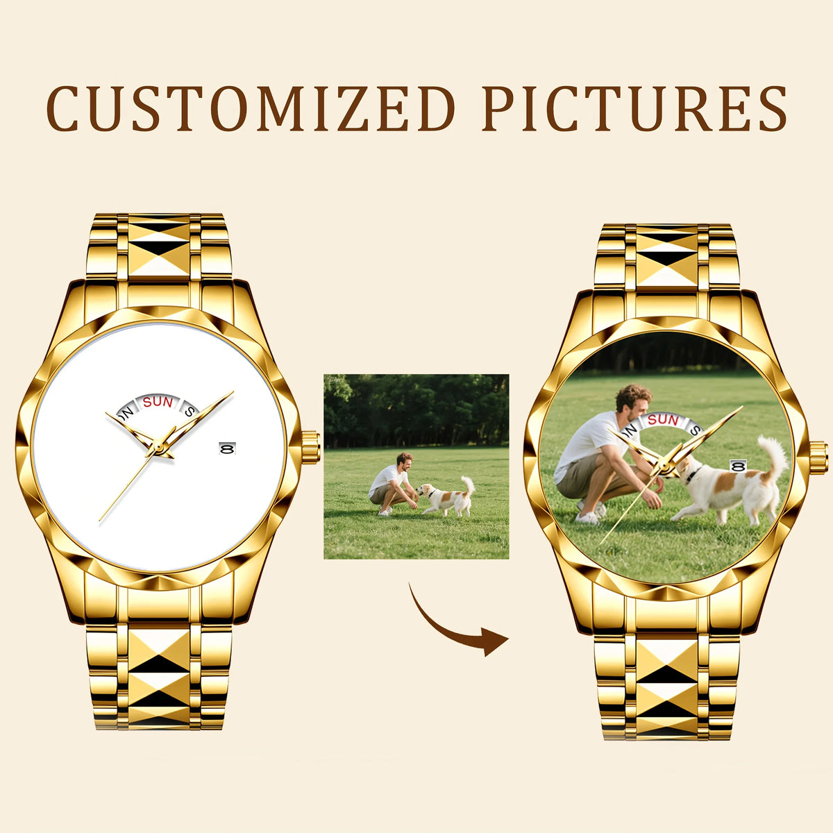 Customized Personalized Photo Calendar Watch for Men – Luxury Waterproof Stainless Steel Quartz Wristwatch with Day-Date Display