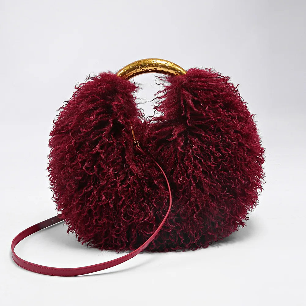 Luxury Faux Shearling Fluffy Cloud Handbag – Chic Curly Plush Crossbody Bag with Hammered Gold Top Handle