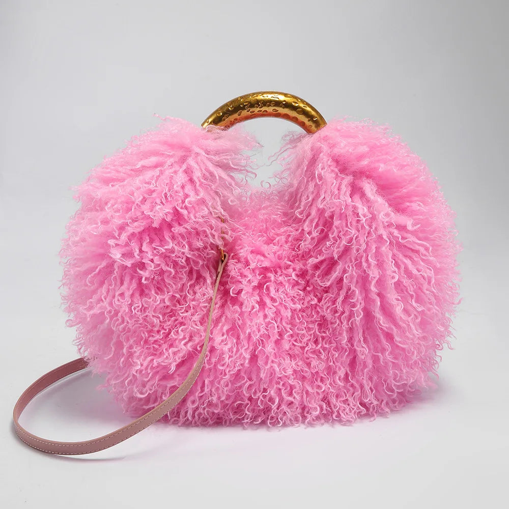 Luxury Faux Shearling Fluffy Cloud Handbag – Chic Curly Plush Crossbody Bag with Hammered Gold Top Handle
