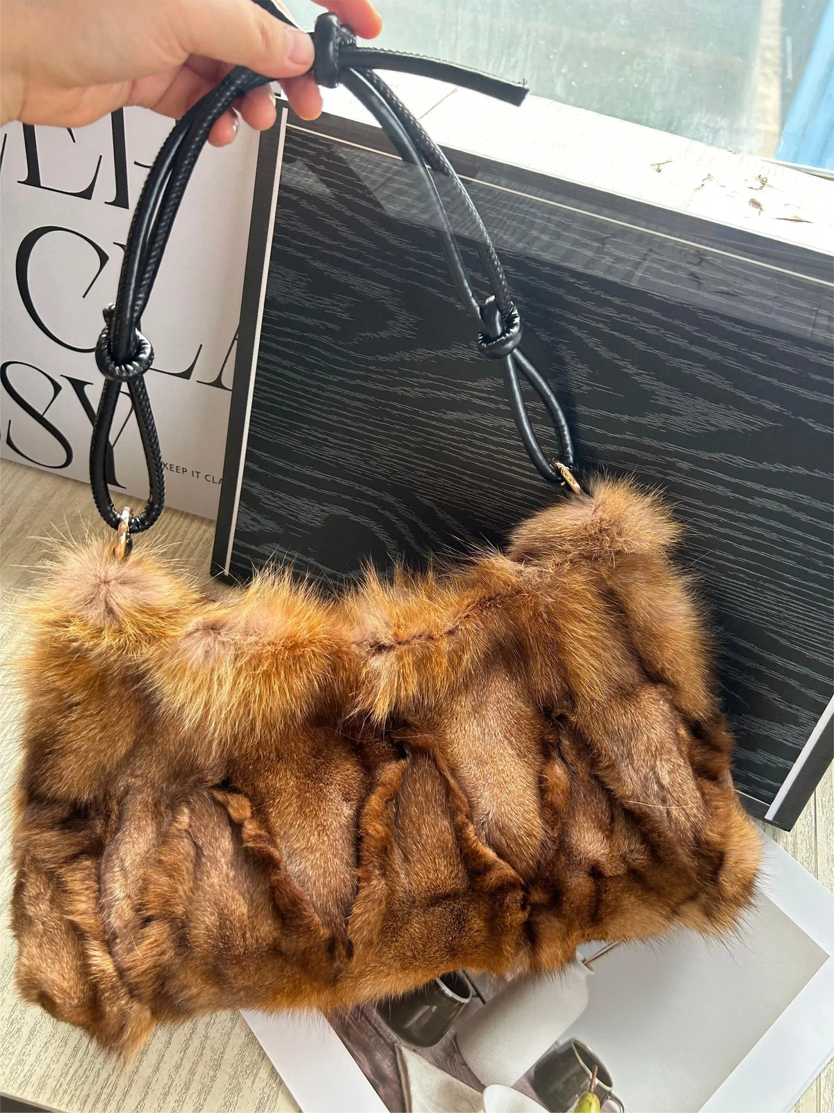 Luxury Faux Fur Color-Block Shoulder Bag – Plush Underarm Handbag with Sleek Leather Strap