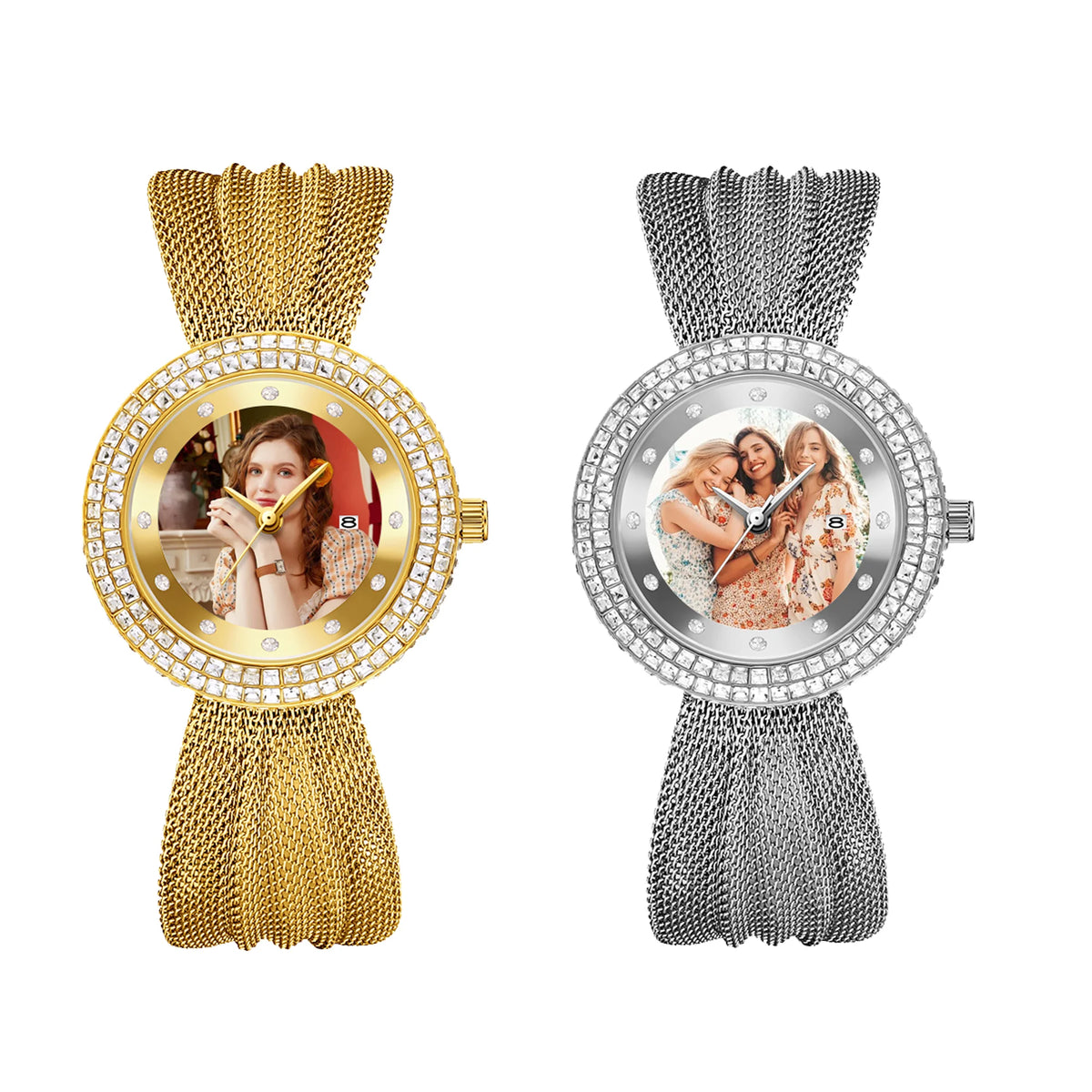 Personalized Diamond-Bezel Mesh Strap Women's Watch – Custom Photo Dial