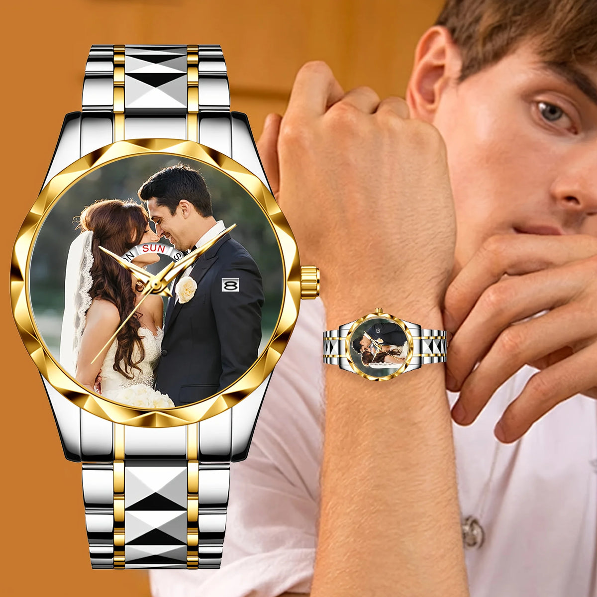 Customized Personalized Photo Calendar Watch for Men – Luxury Waterproof Stainless Steel Quartz Wristwatch with Day-Date Display