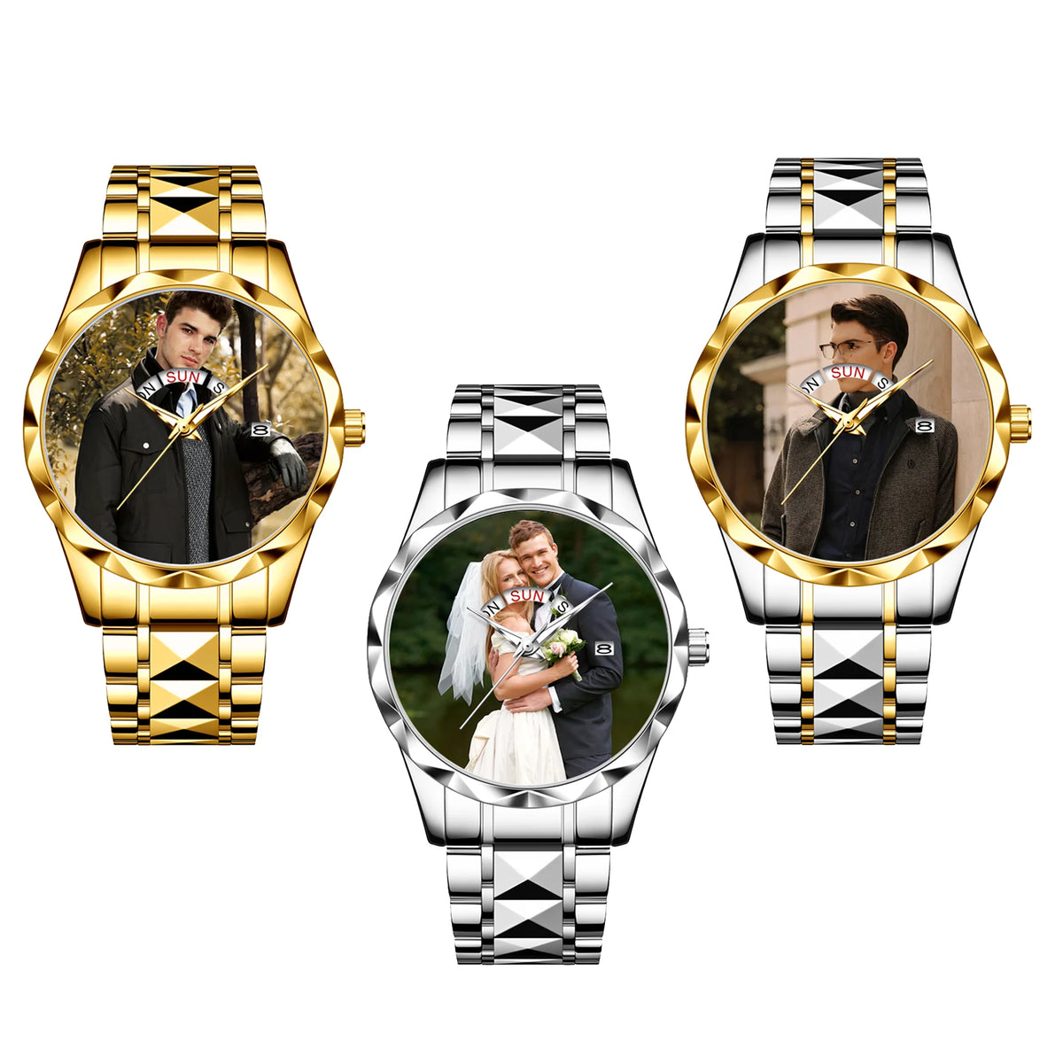 Customized Personalized Photo Calendar Watch for Men – Luxury Waterproof Stainless Steel Quartz Wristwatch with Day-Date Display