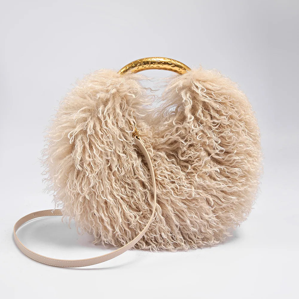 Luxury Faux Shearling Fluffy Cloud Handbag – Chic Curly Plush Crossbody Bag with Hammered Gold Top Handle