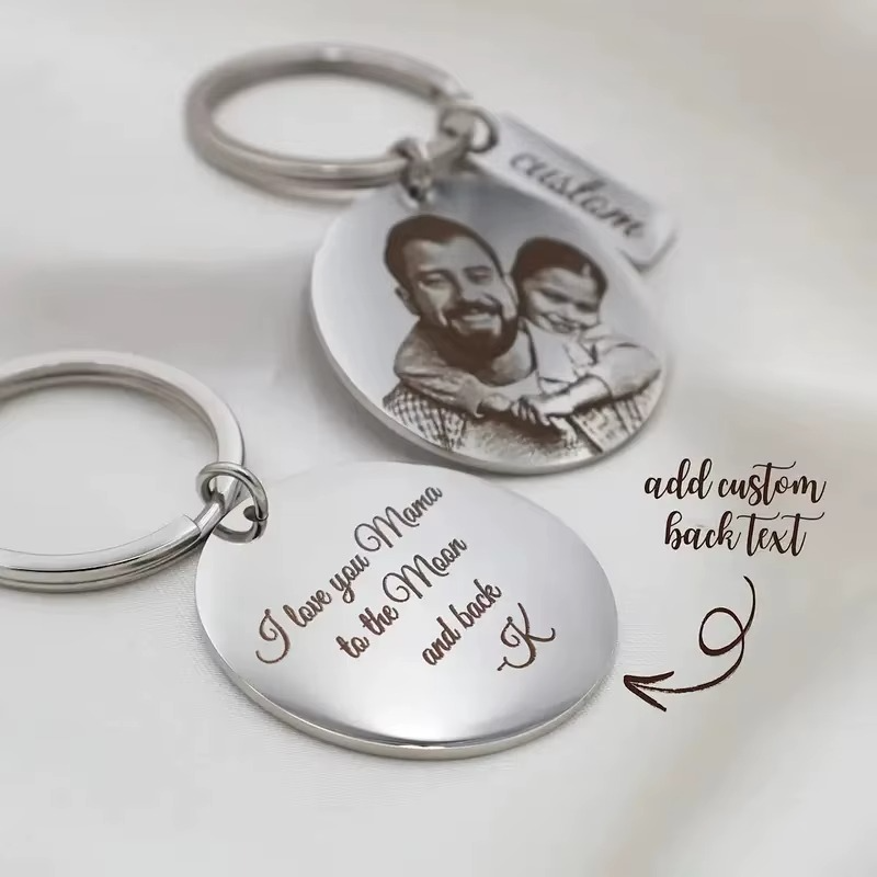Custom Photo Engraved Stainless Steel Keychain – Personalized Picture & Text Memorial Keepsake Ring for Father's Day, Birthdays, and Anniversaries