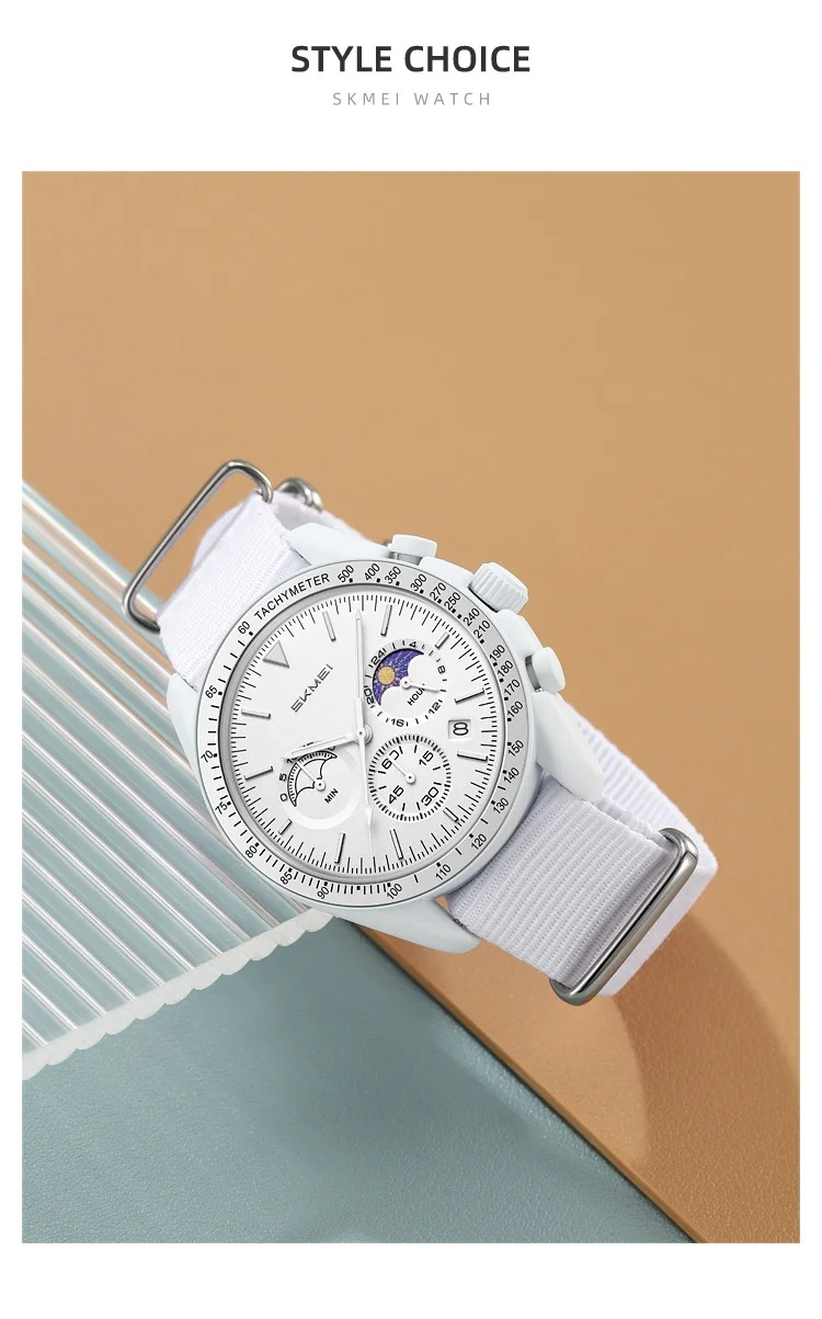 SKMEI Women's Sports Chronograph Watch with Pink NATO Nylon Strap & Moon Phase Dial