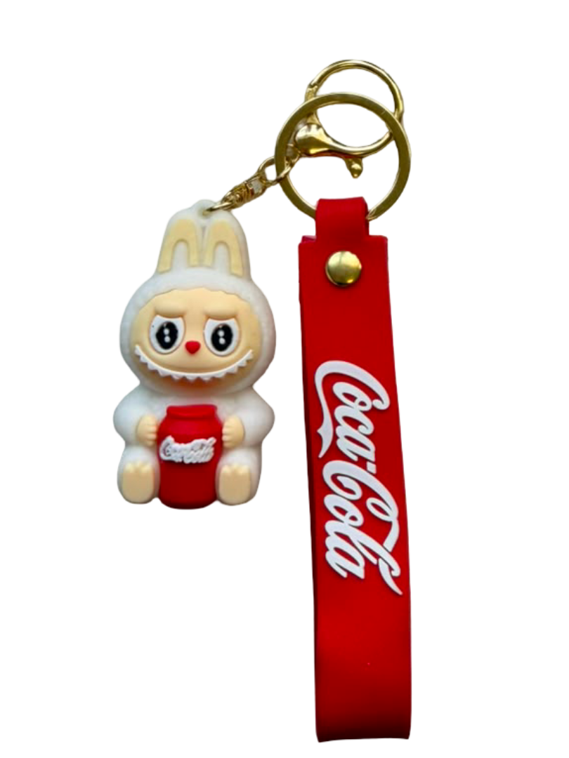 Cute Character Holding Cola Drink Silicone Keychain with Red Wristlet Strap