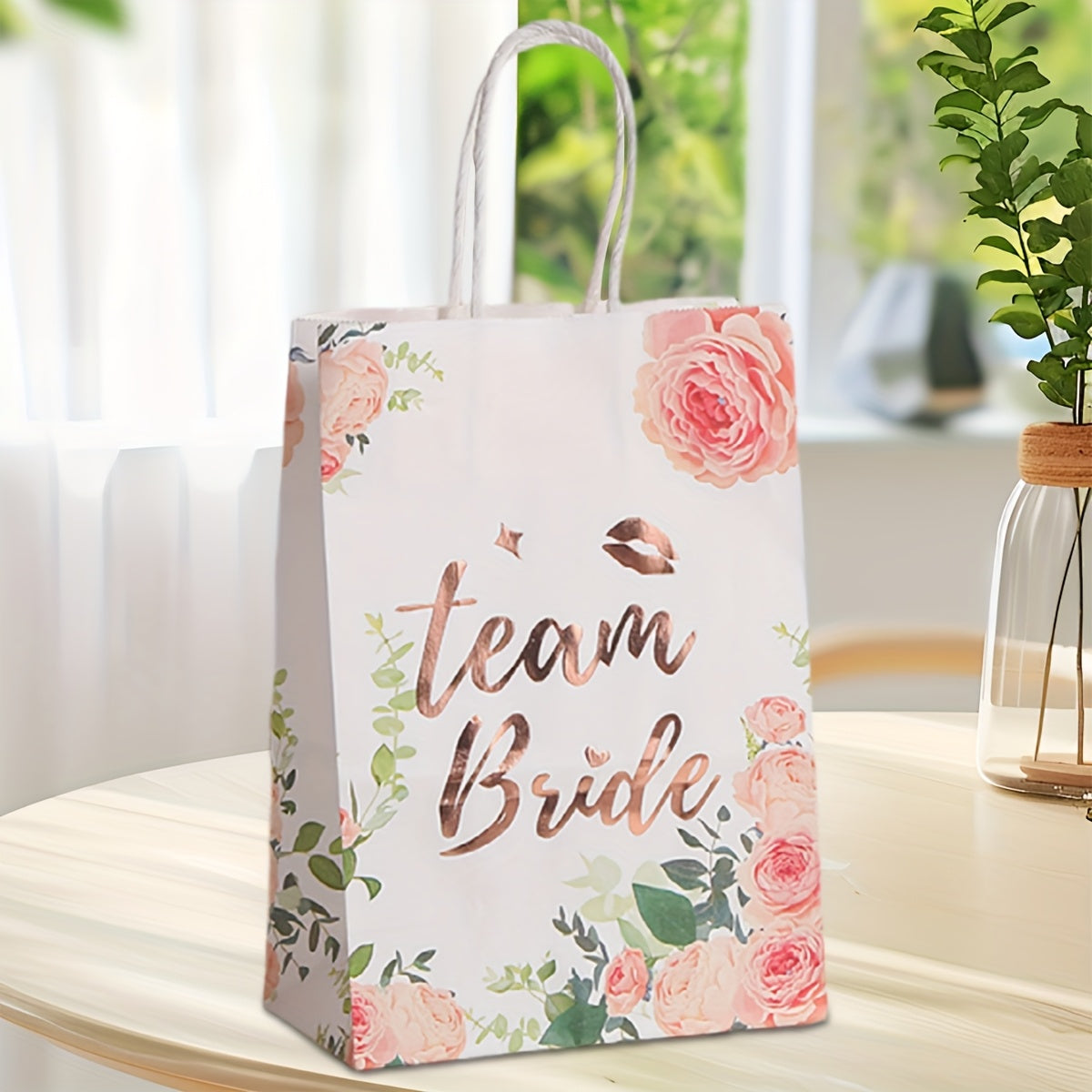 12-Pack Team Bride Hen Party Gift Bags – Elegant Floral Bridal Rose Gold Foil Party Favor Bags