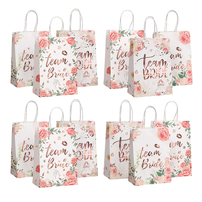 12-Pack Team Bride Hen Party Gift Bags – Elegant Floral Bridal Rose Gold Foil Party Favor Bags