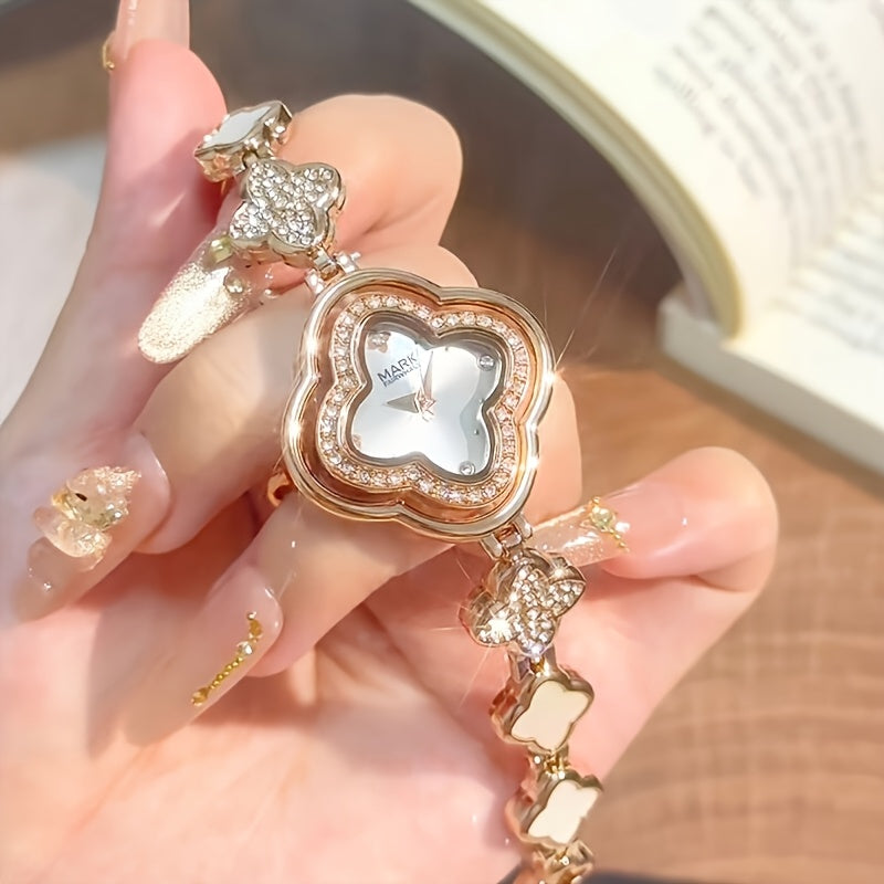 Mark Fairwhale Luxury Four-Leaf Clover Luxury Women's Bracelet Watch – Diamond Bezel Quartz Timepiece